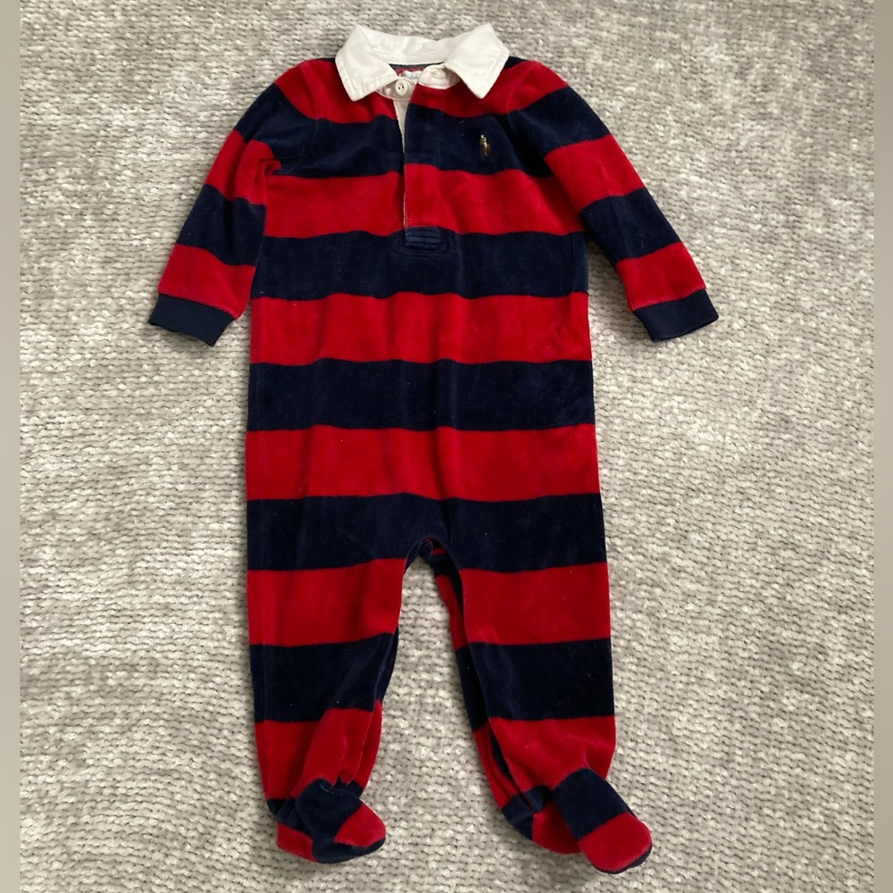 Ralph Lauren Baby Rugby Stripe Velour Footed One Piece 9M Red Navy Classic